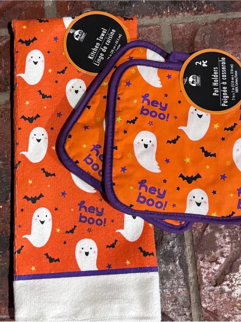 Hey Boo Ghost Halloween Kitchen Towel and Pot Holder Set